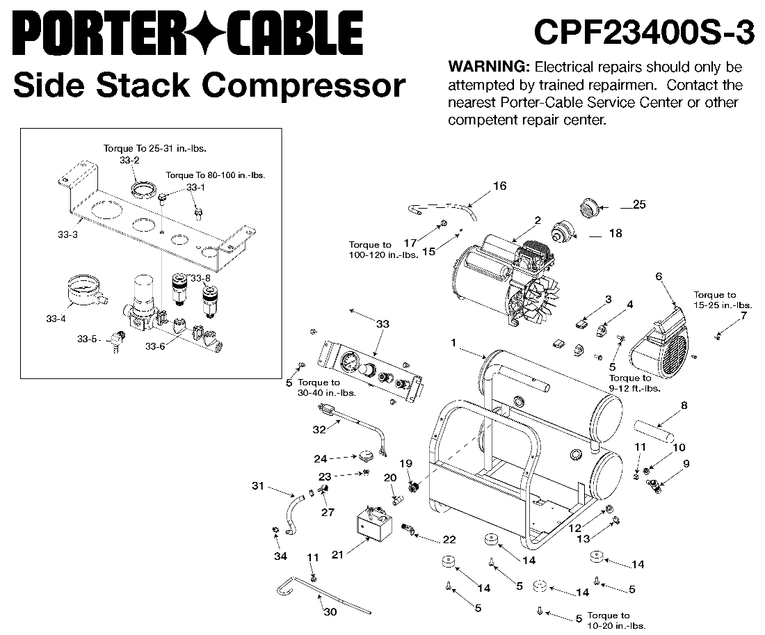 Default Diagram and Parts List for CFFR350A Type 0 Porter Cable Compressor